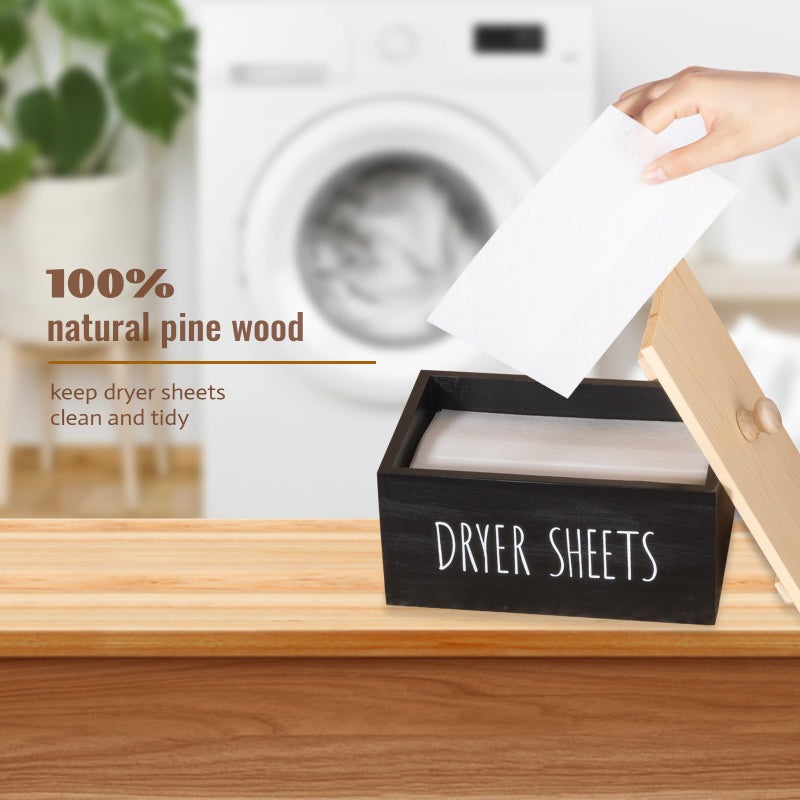 Zoocatia Laundry Room Decor Dryer Sheet Container، حامل موزع المنظفات الخشبي، منظمة وصندوق تخزين مع غطاء لكرات المجفف، كبسولات الغسيل، أسود - Image 2
